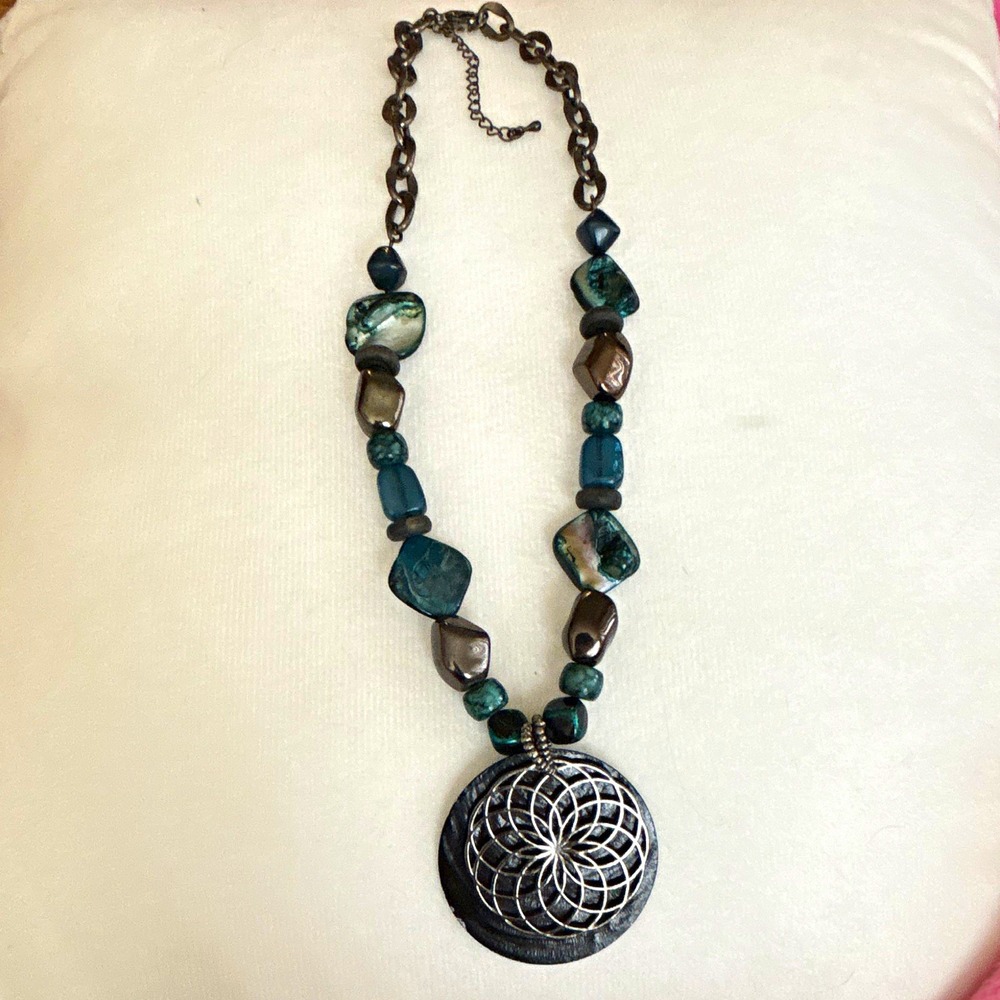 Boho Teal Abalone Shell Flower of Life Mandala Pendant Beaded Statement Necklace